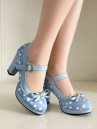 Zapatos vintage de tacón alto para mujer con punta redonda lazo y lunares Mary Jane