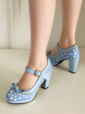 Azul celeste claroZapatos vintage de tacón alto para mujer con punta redonda lazo y lunares Mary Jane