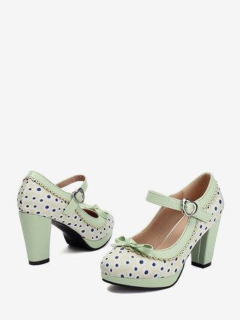 Zapatos vintage de tacón alto para mujer con punta redonda lazo y lunares Mary Jane