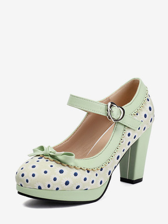 verde claro Zapatos vintage de tacón alto para mujer con punta redonda lazo y lunares Mary Jane