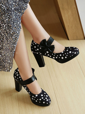 Chaussures Mary Jane pour femmes bout rond talon épais pois nœud chaussures vintage