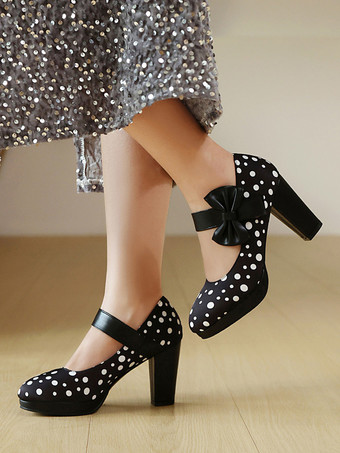 noir Chaussures Mary Jane pour femmes bout rond talon épais pois nœud chaussures vintage