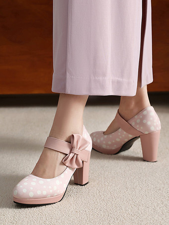 Chaussures Mary Jane pour femmes bout rond talon épais pois nœud chaussures vintage