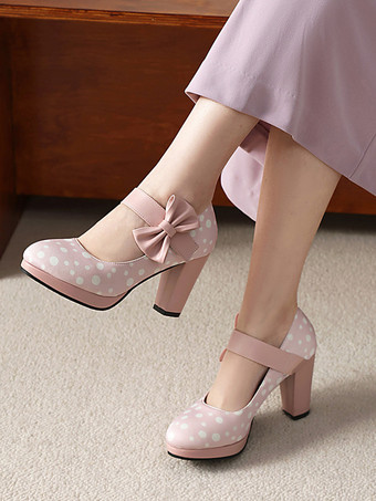 rose Chaussures Mary Jane pour femmes bout rond talon épais pois nœud chaussures vintage