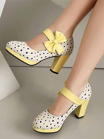 Chaussures Mary Jane pour femmes bout rond talon épais pois nœud chaussures vintage