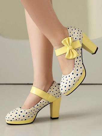 beigeChaussures Mary Jane pour femmes bout rond talon épais pois nœud chaussures vintage