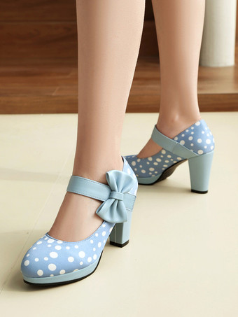 bleu ciel clairChaussures Mary Jane pour femmes bout rond talon épais pois nœud chaussures vintage