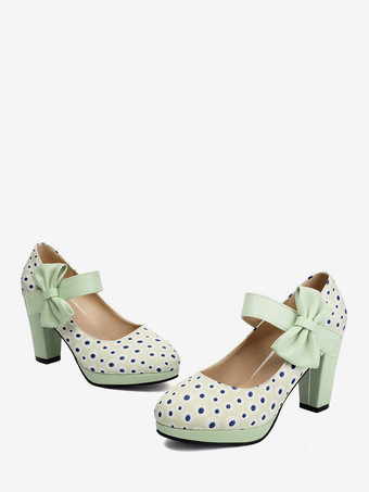 vert clair Chaussures Mary Jane pour femmes bout rond talon épais pois nœud chaussures vintage