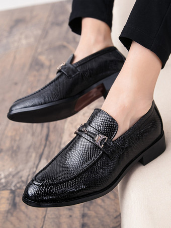 ブラック メンズ ホースビットローファー スリッポン ポインテッドトゥ スネークペニーシューズ バックルストラップ ミッドヒール パーティーシューズ