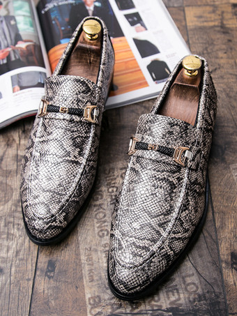 メンズ ホースビットローファー スリッポン ポインテッドトゥ スネークペニーシューズ バックルストラップ ミッドヒール パーティーシューズ