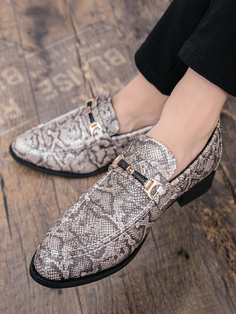 メンズ ホースビットローファー スリッポン ポインテッドトゥ スネークペニーシューズ バックルストラップ ミッドヒール パーティーシューズ