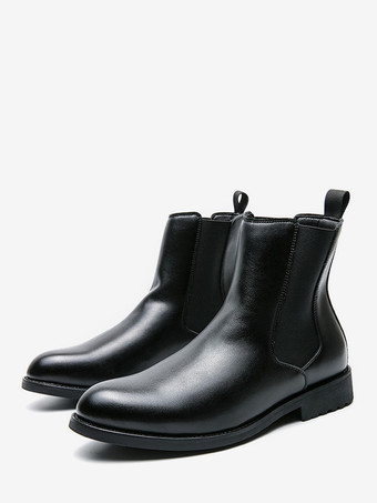 メンズブーツ スリッポン ポインテッドトゥ ローヒール チェルシーブーツ ブラック クラシックレザー ショートブーツ