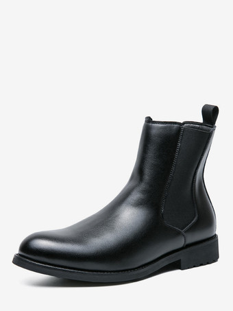 ブラック メンズブーツ スリッポン ポインテッドトゥ ローヒール チェルシーブーツ ブラック クラシックレザー ショートブーツ