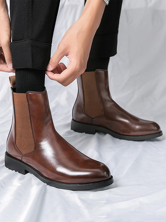 メンズブーツ スリッポン ポインテッドトゥ ローヒール チェルシーブーツ ブラック クラシックレザー ショートブーツ