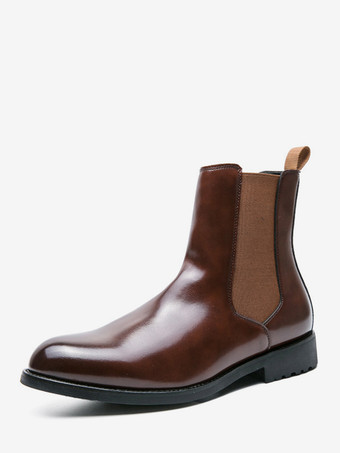 ブラウンメンズブーツ スリッポン ポインテッドトゥ ローヒール チェルシーブーツ ブラック クラシックレザー ショートブーツ