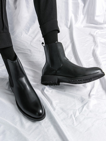 メンズブーツ スリッポン ポインテッドトゥ ローヒール チェルシーブーツ ブラック クラシックレザー ショートブーツ
