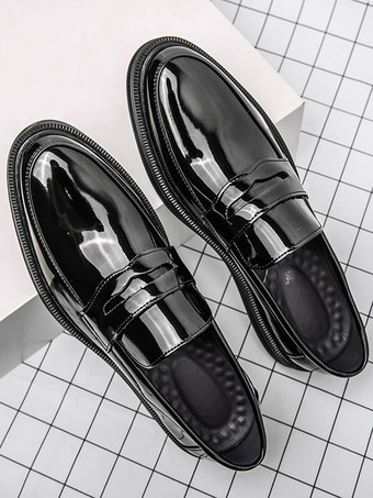 ブラック メンズ ペニーローファー パテントレザー プラットフォーム スリッポン ウェディングシューズ ロートップ 快適 ソフトソール 滑り止め ビジネス フォーマルシューズ
