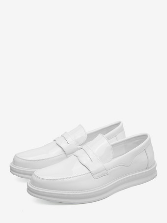 ホワイト メンズ ペニーローファー パテントレザー プラットフォーム スリッポン ウェディングシューズ ロートップ 快適 ソフトソール 滑り止め ビジネス フォーマルシューズ