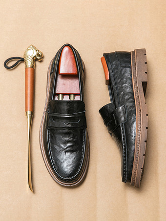 ブラック メンズ ペニーローファー スリッポン ラウンドトゥ 滑り止め ローヒール レザー ペニーシューズ