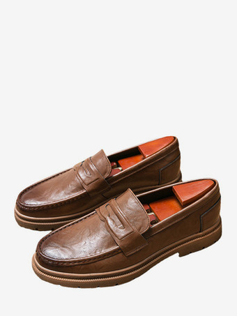 ブラウン メンズ ペニーローファー スリッポン ラウンドトゥ 滑り止め ローヒール レザー ペニーシューズ