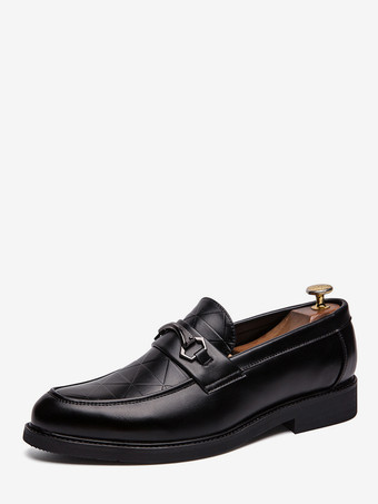 ブラック メンズ ホースビットローファー スリッポン ポインテッドトゥ ローヒール メタルデコレーション ペニーシューズ