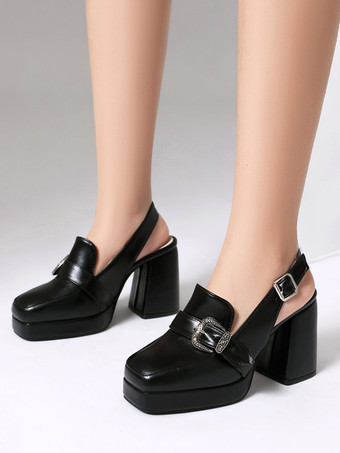 Nero Mocassini con tacco alto punta quadrata fibbia décolleté con cinturino posteriore per donna