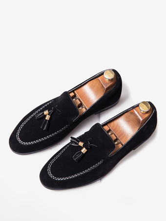 メンズ タッセルローファー スエード スリッポン モカシン ラウンドトゥ ローブロックヒール ペニーシューズ