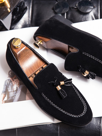 メンズ タッセルローファー スエード スリッポン モカシン ラウンドトゥ ローブロックヒール ペニーシューズ