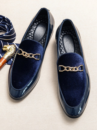 メンズ ホースビットローファー スエード スプライスレザー スリッポン チェーンバックル ペニーシューズ ポインテッドトゥ ローヒール プロムシューズ