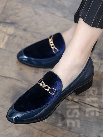 メンズ ホースビットローファー スエード スプライスレザー スリッポン チェーンバックル ペニーシューズ ポインテッドトゥ ローヒール プロムシューズ