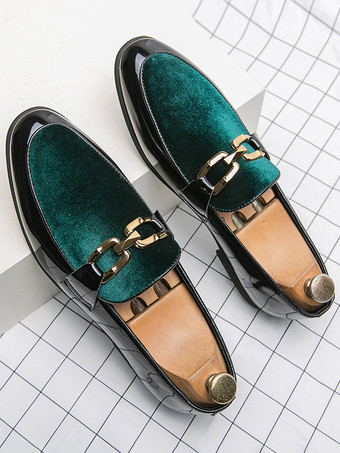 メンズ ホースビットローファー スエード スプライスレザー スリッポン チェーンバックル ペニーシューズ ポインテッドトゥ ローヒール プロムシューズ