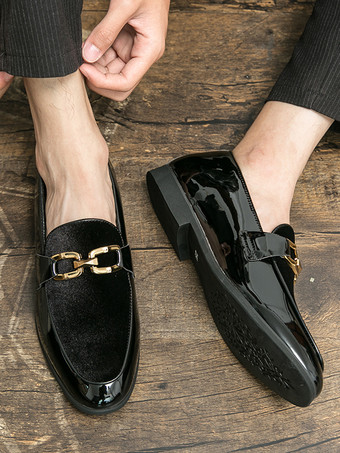 メンズ ホースビットローファー スエード スプライスレザー スリッポン チェーンバックル ペニーシューズ ポインテッドトゥ ローヒール プロムシューズ