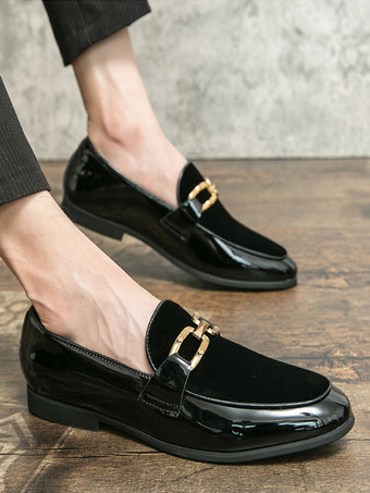 メンズ ホースビットローファー スエード スプライスレザー スリッポン チェーンバックル ペニーシューズ ポインテッドトゥ ローヒール プロムシューズ