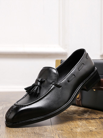 ブラック メンズ タッセルローファー スリッポン ロートップ ミッドヒール ペニーシューズ