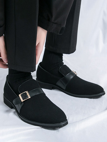 メンズ モンクローファー ポインテッドトゥ スリッポン スエード バックルストラップ ペニーシューズ