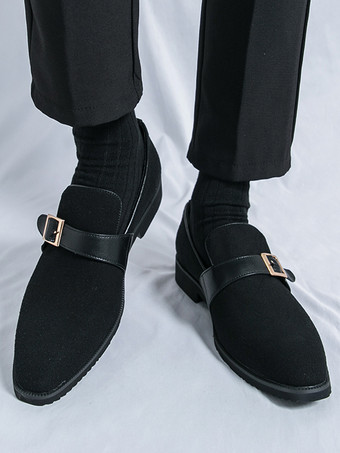 メンズ モンクローファー ポインテッドトゥ スリッポン スエード バックルストラップ ペニーシューズ