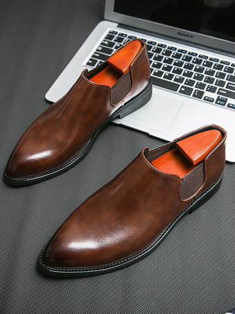 ブラウンメンズ ドレスシューズ スリッポン ポインテッドトゥ PUレザー 滑り止め ラバーソール チェルシー ロートップ ブロックヒール カジュアルシューズ