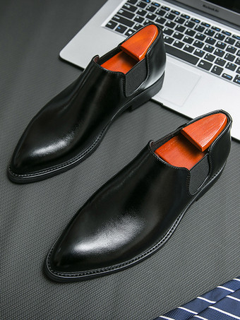 メンズ ドレスシューズ スリッポン ポインテッドトゥ PUレザー 滑り止め ラバーソール チェルシー ロートップ ブロックヒール カジュアルシューズ