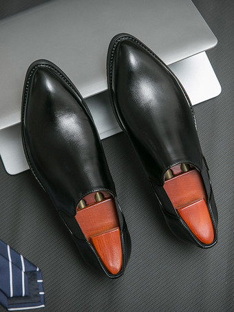 メンズ ドレスシューズ スリッポン ポインテッドトゥ PUレザー 滑り止め ラバーソール チェルシー ロートップ ブロックヒール カジュアルシューズ