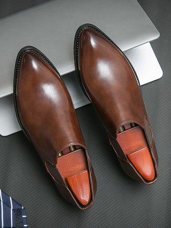 メンズ ドレスシューズ スリッポン ポインテッドトゥ PUレザー 滑り止め ラバーソール チェルシー ロートップ ブロックヒール カジュアルシューズ