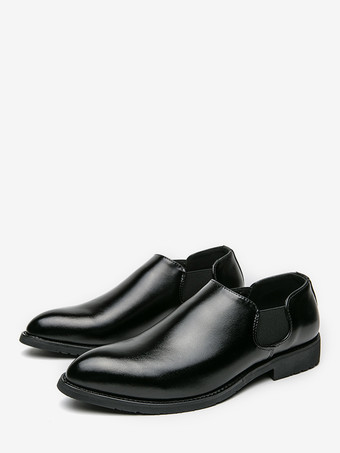 メンズ ドレスシューズ スリッポン ポインテッドトゥ PUレザー 滑り止め ラバーソール チェルシー ロートップ ブロックヒール カジュアルシューズ