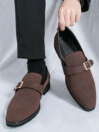 メンズ モンクローファー ポインテッドトゥ スリッポン スエード バックルストラップ ペニーシューズ