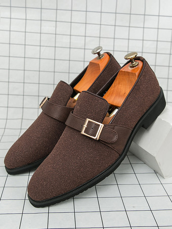 ブラウンメンズ モンクローファー ポインテッドトゥ スリッポン スエード バックルストラップ ペニーシューズ