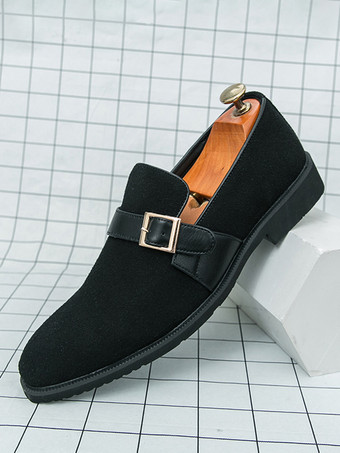 ブラック メンズ モンクローファー ポインテッドトゥ スリッポン スエード バックルストラップ ペニーシューズ