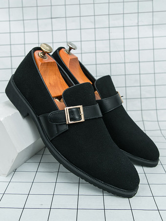 メンズ モンクローファー ポインテッドトゥ スリッポン スエード バックルストラップ ペニーシューズ