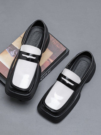 ホワイト＋ブラックメンズ用プラットフォームペニーローファー、スリッポン、チャンキーヒール、スクエアトゥペニーシューズ