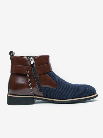 メンズブーツ ハイトップ ニット サイドジッパー付き フォーマルシューズ ラウンドトゥ ローヒール チェーン ドレスブーツ