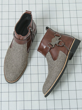 メンズブーツ ハイトップ ニット サイドジッパー付き フォーマルシューズ ラウンドトゥ ローヒール チェーン ドレスブーツ