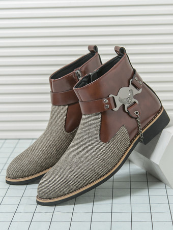 メンズブーツ ハイトップ ニット サイドジッパー付き フォーマルシューズ ラウンドトゥ ローヒール チェーン ドレスブーツ