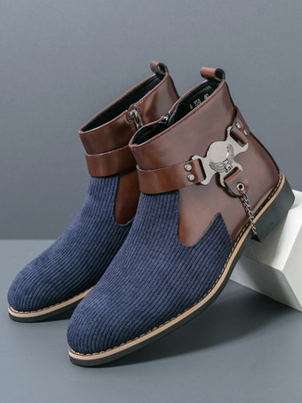 メンズブーツ ハイトップ ニット サイドジッパー付き フォーマルシューズ ラウンドトゥ ローヒール チェーン ドレスブーツ